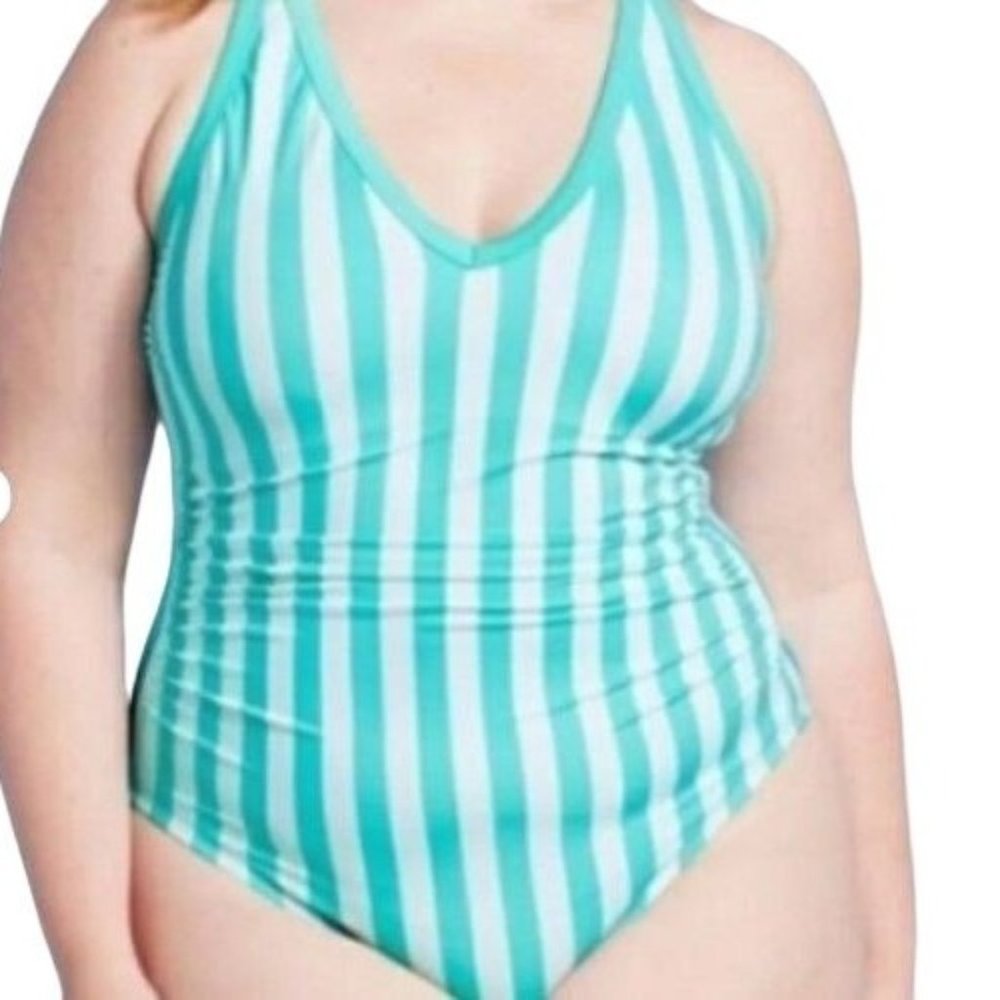 Kona Sol Plus One Piece Green Stripe Print V-Neck Bathing Suit 14 16 22 24